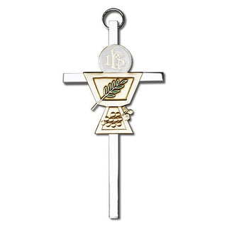 4 inch Antique Gold Communion Chalice on a Polished Silver Finish Cross