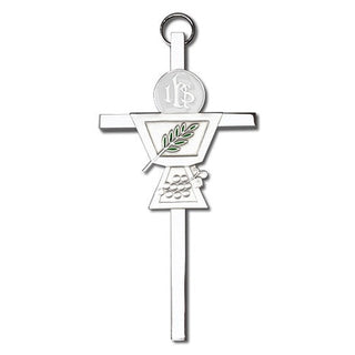 4 inch Antique Silver Communion Chalice on a Polished Silver Finish Cross