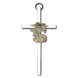 4 inch Antique Gold Saint Michael on a Polished Silver Finish Cross