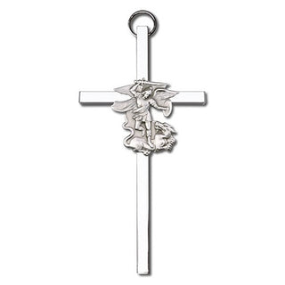 4 inch Antique Silver Saint Michael on a Polished Silver Finish Cross