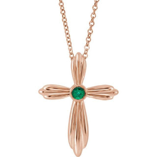 14K Rose Natural Emerald Cross 16-18" Necklace
