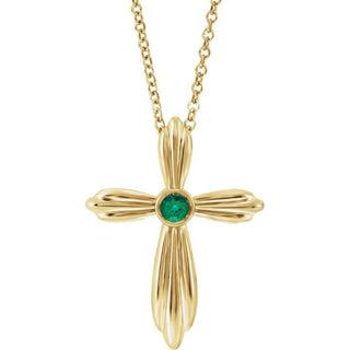 14K Yellow Lab-Grown Emerald Cross 16-18" Necklace