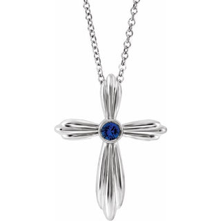 14K White Lab-Grown Blue Sapphire Cross 16-18" Necklace