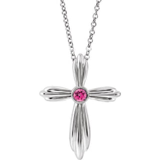 14K White Natural Pink Tourmaline Cross 16-18" Necklace
