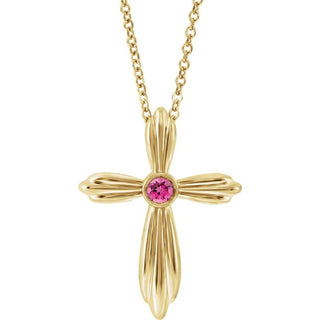 14K Yellow Natural Pink Tourmaline Cross 16-18" Necklace        