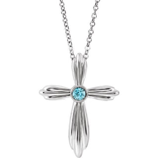 14K White Natural Blue Zircon Cross 16-18" Necklace