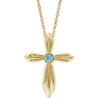 14K Yellow Natural Blue Zircon Cross 16-18" Necklace    