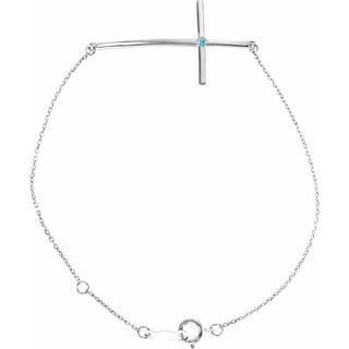 14K White Natural Blue Zircon Sideways Cross 7-8" Bracelet