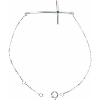 14K White Natural Emerald Sideways Cross 7-8" Bracelet