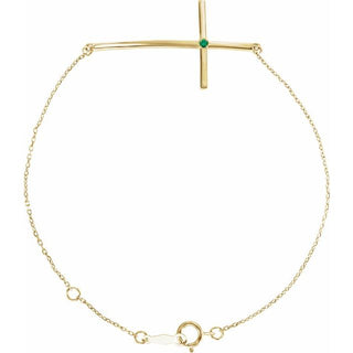14K Yellow Natural Emerald Sideways Cross 7-8" Bracelet