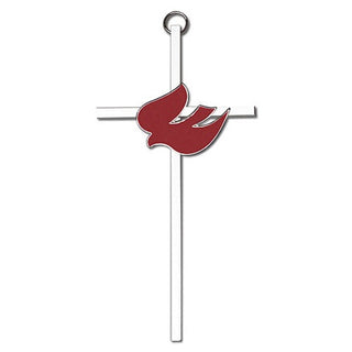 6 inch Polished Brass Red Enamel Holy Spirit on a Polished Silver Finish Cross