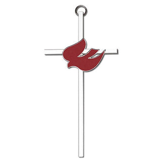 6 inch Polished Silver Finish Red Enamel Holy Spirit on a Polished Silver Finish Cross