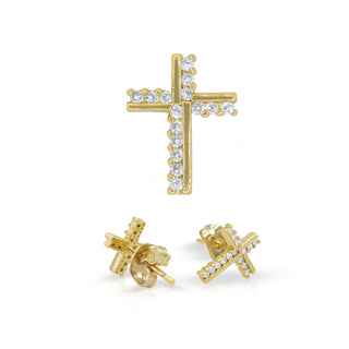 Cross 14K Gold Filled Silver Earrings Cubic Zirconia Hip Hop Studs Jewelry Women Men