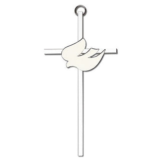 6 inch Polished Brass White Enamel Holy Spirit on a Polished Silver Finish Cross