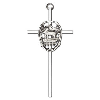 6 inch Antique Silver Lamb of God on a Polished Silver Finish Cross