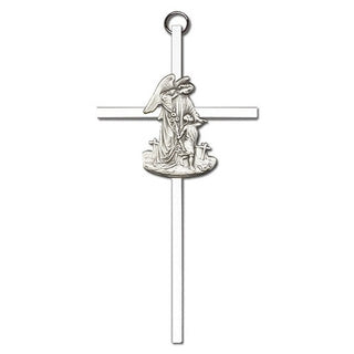 6 inch Antique Silver Guardian Angel on a Polished Silver Finish Cross