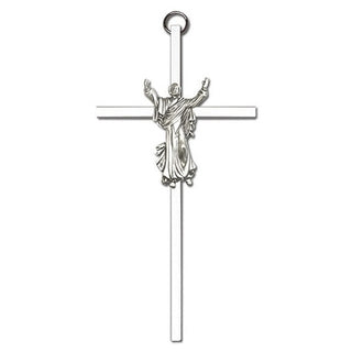 6 inch Antique Silver Risen Christ on a Polished Silver Finish Cross