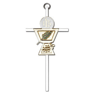 6 inch Antique Gold Communion Chalice on a Polished Silver Finish Cross