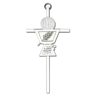6 inch Antique Silver Communion Chalice on a Polished Silver Finish Cross