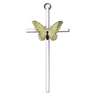 6 inch Polished Silver Finish Yellow Epoxy Resurrection on a Polished Silver Finish Cross