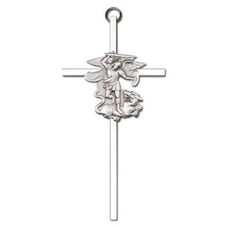 6 inch Antique Silver Saint Michael on a Polished Silver Finish Cross