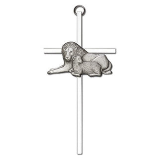 6 inch Antique Silver Lion & Lamb on a Polished Silver Finish Cross