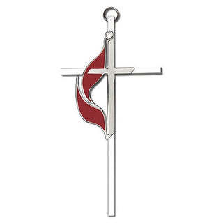 6 inch Polished Silver Finish Enamel Methodist on a Polished Silver Finish Cross