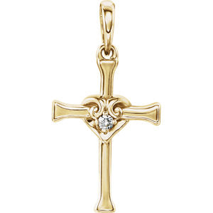14K Gold .025 CT Diamond Cross with Heart Pendant