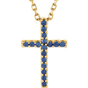 14K Gold Blue Sapphire Cross 16" Necklace