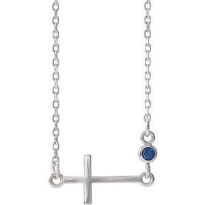 Sterling Silver Blue Sapphire Sideways Accented Cross 16-18" Necklace