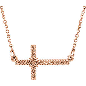 14K Rose 11.3x20.15 MM Sideways Rope Cross 16.5" Necklace