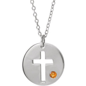 14K White Citrine Pierced Cross Disc 16-18" Necklace