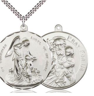 Sterling Silver Guardian Angel Pendant on an 24-inch Light Rhodium Heavy Curb Chain