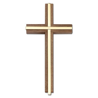 6 inch Plain Crucifix, Walnut with Polished Brass inlay