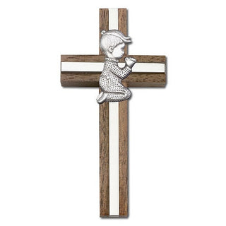4 inch Praying Boy Cross, Walnut with Antique Silver inlay