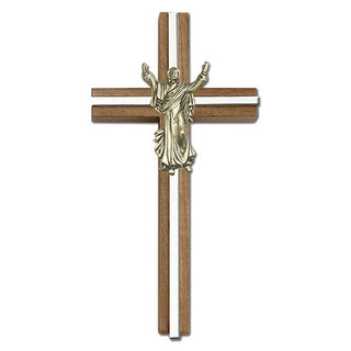6 inch Contemporary Risen Christ Cross, Walnut with Antique Gold inlay