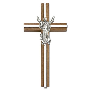 6 inch Contemporary Risen Christ Cross, Walnut with Antique Silver inlay