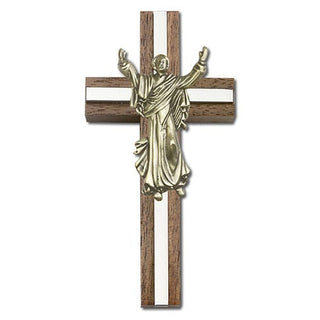 4 inch Contemporary Risen Christ Cross, Walnut with Antique Gold inlay