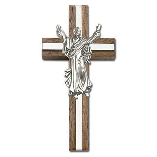 4 inch Contemporary Risen Christ Cross, Walnut with Antique Silver inlay