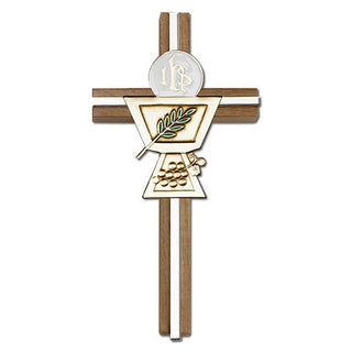 6 inch Enameled Communion Chalice Cross, Walnut with Antique Gold inlay