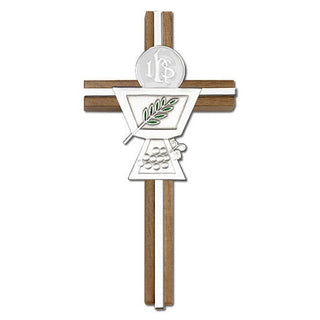 6 inch Enameled Communion Chalice Cross, Walnut with Antique Silver inlay