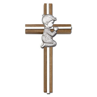 6 inch Praying Boy Cross, Walnut with Antique Silver inlay
