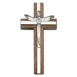 4 inch Risen Christ Cross, Walnut with Antique Silver inlay