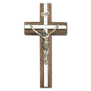 4 inch Antique Gold Crucifix, Walnut with Polished Silver Finish inlay