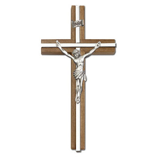 6 inch Antique Silver Crucifix, Walnut with Polished Silver Finish inlay