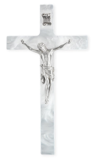 7" Pearlized White Cross With Pewter Corpus