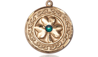 14kt Gold Shamrock w/Celtic Border & Emerald Stone Medal with a 3mm Emerald Swarovski stone