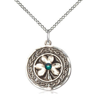 Sterling Silver Shamrock w/Celtic Border & Emerald Stone Pendant with 3mm Emerald Swarovski stone Necklace