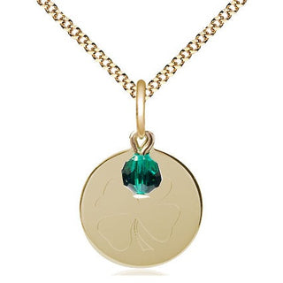 14kt Gold Filled Shamrock Medal with Emerald bead Religious Jewelry
