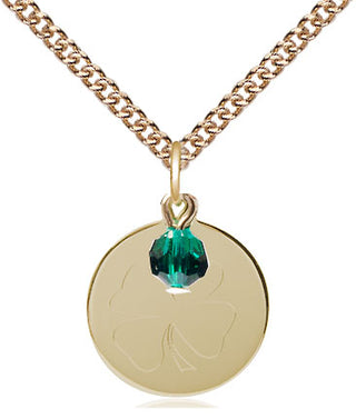 14kt Gold Filled Shamrock Medal with Emerald bead Religious Jewelry